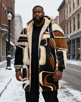 Big & Tall Men's Abstract Geometric Art Printed Velvet Thickened Long Hooded Coat